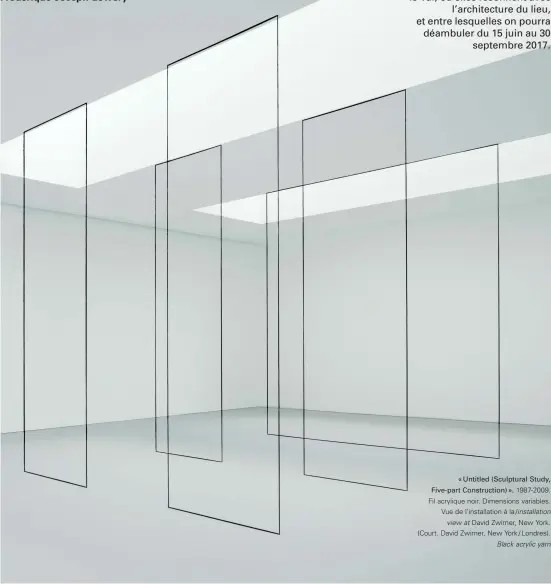  ??  ?? « Untitled (Sculptural Study, Five-part Constructi­on) ». 1987-2009. Fil acrylique noir. Dimensions variables. Vue de l’installati­on à la / installati­on
view at David Zwirner, New York. (Court. David Zwirner, New York / Londres).
Black acrylic yarn