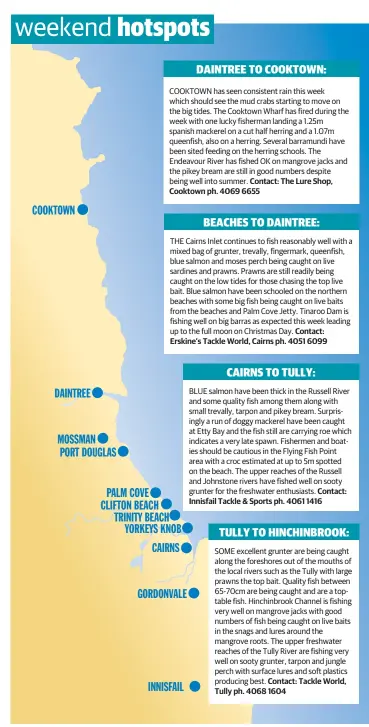  ??  ?? DAINTREE MOSSMAN PORT DOUGLAS
PALM COVE CLIFTON BEACH TRINITY BEACH YORKEYS KNOB
CAIRNS
GORDONVALE
INNISFAIL