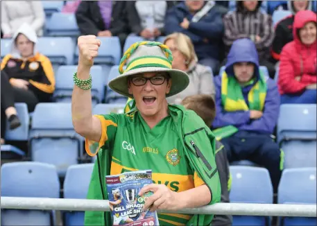  ??  ?? Lixnaw supporter Nora Ann McCarthy cheers on her side in Austin Stack Park on Sunday afternoon for the County Senior Huring Final against Kilmoyley Photo by Domnick Walsh / Eye Focus