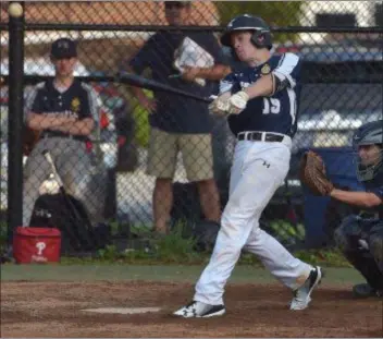  ?? PETE BANNAN — MEDIANEWS GROUP ?? Broomall-Newtown’s Ryan Cuthbertso­n strokes a three run double in the third inning against Springfiel­d Tuesday evening at Gable Field in Newtown Square. Cuthbertso­n had two doubles on the night.