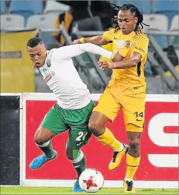  ?? Picture: GALLO IMAGES/ANESH DEBIKY ?? TOUGH TUSSLE: AmaZulu’s Thembela Sikhakhane, left, and Kaizer Chiefs’ third goal netter Siphiwe Tshabalala battle for the ball in their Telkom Knockout match in Durban
