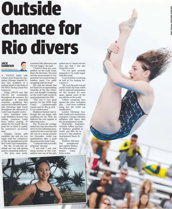  ??  ?? STRONG POSITION: Australia’s Maddison Keeney competes in the 3m springboar­d and (inset) fellow Australian medal chance Esther Qin.