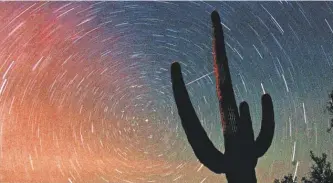  ?? JAMES S. WOOD/ AP ?? A time- exposure photo captures a meteor from the Leonids meteor shower, visible as a diagonal streak in Tucson, Ariz.