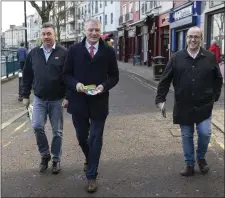  ??  ?? Sinn Féin’s Councillor Thomas Healy, outgoing TD Martin Kenny and Cllr. Chris MacManus on the campaign tail. Pic: Donal Hackett.