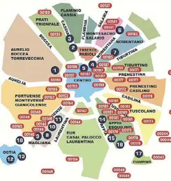  ??  ?? La ricerca Nella mappa: i numeri in rosso sono i codici postali dei cittadini testati e risultati positivi al Covid-19, divisi per quartiere di residenza. In blu sono indicati i laboratori Artemisia