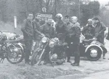  ??  ?? From left: Bob Carrett (Velocette Viper); Derek Burt (Ariel Golden Arrow); Ted Oliver (Matchless 650 twin); Pete Sinden (BS350 Gold Star); unknown; someone’s girlfriend; Barry Simpson (Matchless 500 with sidecar); Herbie Baker (Norton 99).