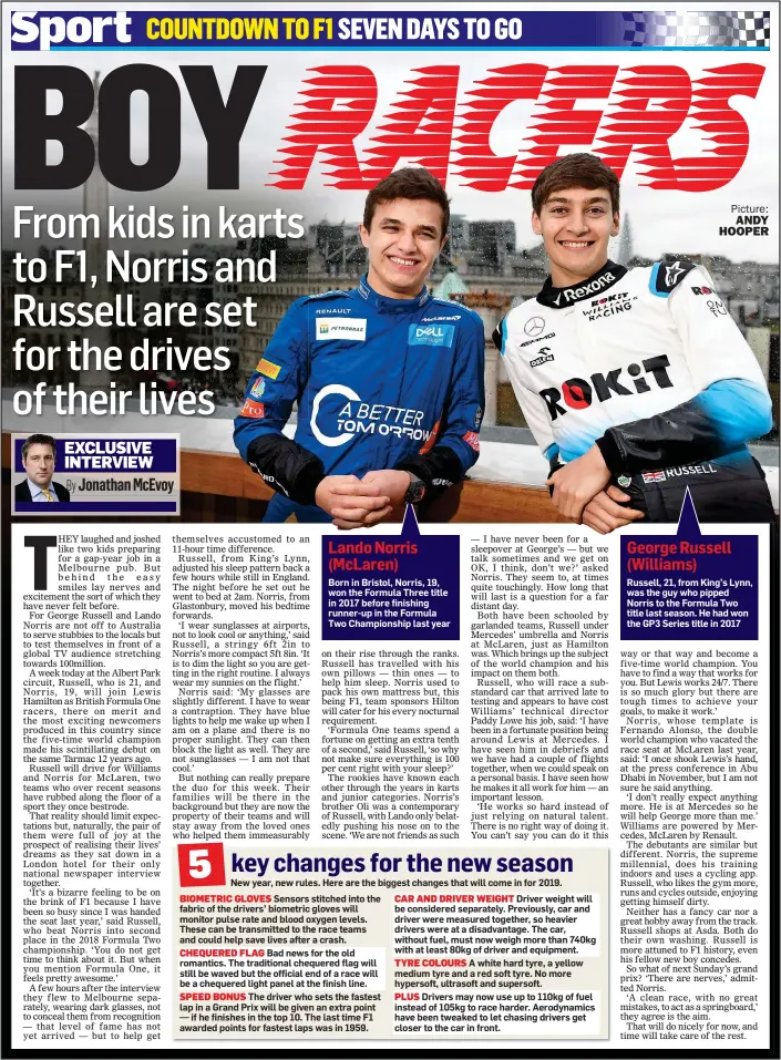  ??  ?? Picture: ANDY HOOPER George Russell (Williams) Russell, 21, from King’s Lynn, was the guy who pipped Norris to the Formula Two title last season. He had won the GP3 Series title in 2017 Lando Norris (McLaren) Born in Bristol, Norris, 19, won the Formula Three title in 2017 before finishing runner-up in the Formula Two Championsh­ip last year