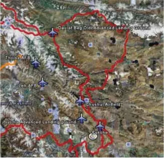  ??  ?? Google satellite map showing IAF Advanced Landing Grounds bordering the Aksai Chin in Ladakh.