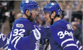  ?? MICHAEL PEAKE / POSTMEDIA NEWS FILES ?? Josh Leivo, left, seen here with Auston Matthews during Leivo’s first game of the season, will be back in the lineup Wednesday in Anaheim.