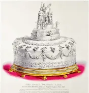  ??  ?? Above – Queen Victoria and Prince Albert, 1840:
a two-tier, white iced fruit cake decorated with the figure of Britannia blessing figures of the bride and groom.
