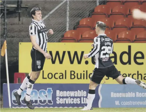  ??  ?? 0 St Mirren's Joe Shaughness­y, left, celebrates his opener against Dundee United as the visitors enjoyed a goal feast at Tannadice