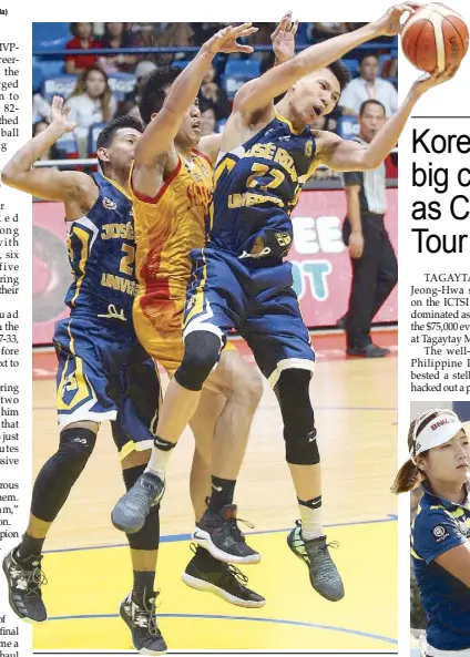  ?? JUN MENDOZA ?? Jose Rizal Heavy Bomber Justin Padua controls the rebound as teammate Jarvy Ramos puts a squeeze on Michael Calisaan of San Sebastian in their NCAA game yesterday at the Filoil Flying V Center.