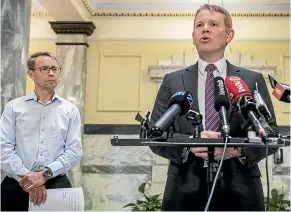  ?? KEVIN STENT/STUFF ?? Health Ministry chief executive Ashley Bloomfield and Covid-19 Response Minister Chris Hipkins. The Government now recognises that Australia has more or less got Covid cases under control.