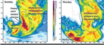  ?? ?? THE above maps showed the areas where the cut-off low was forecasted for Sunday, April 7 and Monday, April 8 according to the Global Forecast System used by the South African Weather Service. | Source: GFS 2024