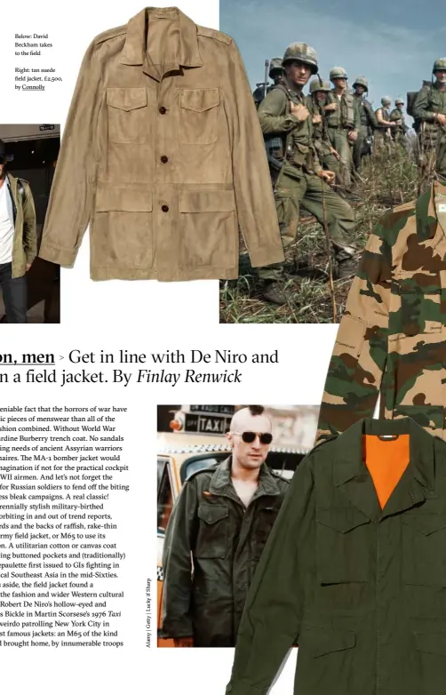  ??  ?? Below: David Beckham takes to the fieldRight: tan suede field jacket, £2,500, by Connolly