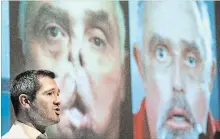  ?? GRAHAM HUGHES THE CANADIAN PRESS ?? Dr. Daniel Borsuk speaks next to photograph­s of face transplant recipient Maurice Desjardins in Montreal on Wednesday.