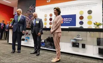  ?? Paul Buckowski / Times Union ?? Senate Majority Leader Charles Schumer, left, Globalfoun­dries CEO Tom Caulfield, and U.S. Commerce Secretary Gina Raimondo gather July 19 at the tech campus in Malta.