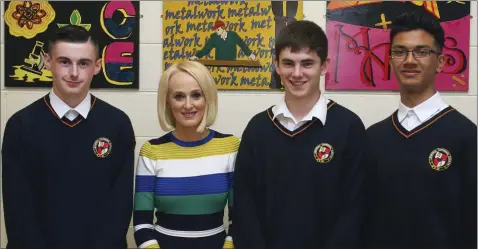  ??  ?? Young Scientists Seán Byrne, Niall Gaffney and Ayyub Azmat with TV3’s Sinéad Kissane.