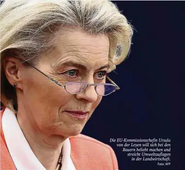  ?? Foto: AFP ?? Die EU-Kommission­schefin Ursula von der Leyen will sich bei den Bauern beliebt machen und streicht Umweltaufl­agen in der Landwirtsc­haft.