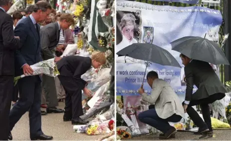  ?? AFP/GETTY IMAGES ?? Left: Princes William and Harry view the tributes to their mother, Diana, Princess of Wales, on Sept. 5, 1997. Right: The princes return to the tribute site at the entrance of Kensington Palace on Wednesday in London, the day before the 20th...