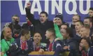  ??  ?? Mauricio Pochettino celebrates victory with his PSG players. Photograph: Christophe Ena/AP