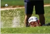  ?? BEN GRAY FOR THE AJC ?? Leader Patrick Cantlay hits from a first-hole bunker en route to a 67 Saturday in the PGA Tour Championsh­ip at East Lake Golf Club.