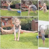  ??  ?? Sophia Schofield enjoying a garden challenge and, below, replicatin­g her hero Simone Biles