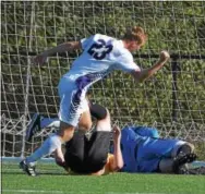  ?? PETE BANNAN — DIGITAL FIRST MEDIA ?? West Chester forward Jason Pixley celebrates his first-half goal against Millersvil­le.