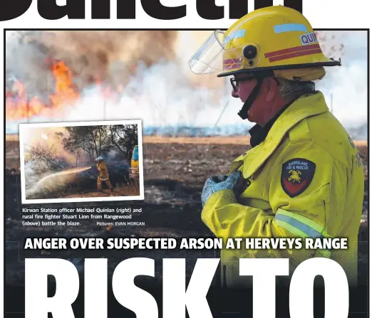  ?? Pictures: EVAN MORGAN ?? Kirwan Station officer Michael Quinlan ( right) and rural fire fighter Stuart Linn from Rangewood ( above) battle the blaze.