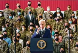  ?? Patrick Semansky / Associated Press ?? “We’re going to make it clear that the United States is back,” President Joe Biden told U.S. troops Wednesday at Royal Air Force Mildenhall in Suffolk, England.