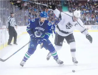  ?? DARRYL DYCK, THE CANADIAN PRESS ?? Canucks defenceman Luca Sbisa and Kings centre Anze Kopitar battle for the puck during first-period action at Rogers Arena on Friday.
