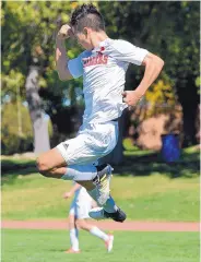  ?? JIM THOMPSON/JOURNAL ?? Albuquerqu­e Academy’s Mateo Centenera celebrates after scoring his second goal of the game in the Chargers’ 4-0 win against Farmington on Saturday.