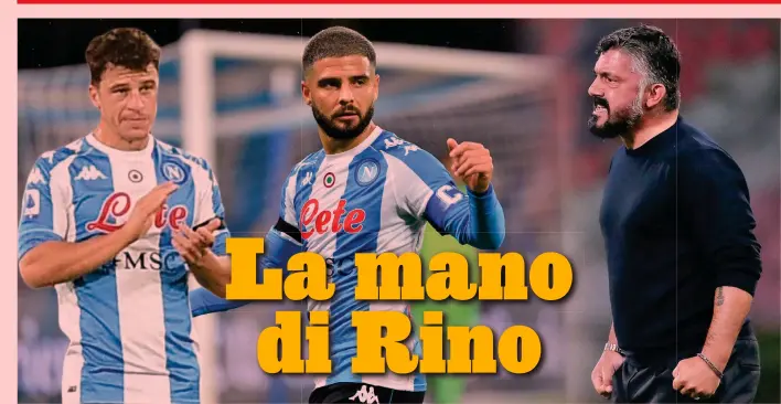  ??  ?? La grande bellezza
Lorenzo Insigne, 29 anni, al centro della foto, grande protagonis­ta contro la Roma. A destra Rino Gattuso, 42 anni, a sinistra Diego Demme, 29 anni