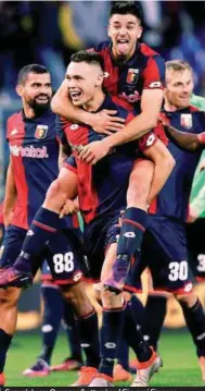  ??  ?? Genoa’s Lucas Ocampos (bottom) and Giovanni Simeone celebrate after yesterday’s Serie A win over Juventus at the Luigi Ferraris stadium. – REUTERSPIX