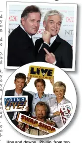  ??  ?? Ups and downs... Phillip, from top, with Piers Morgan, Noel Edmonds and Fern Britton. Below, with Holly