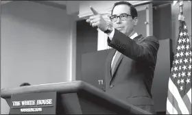 ?? AP/EVAN VUCCI ?? Treasury Secretary Steve Mnuchin takes a question Thursday during the daily press briefing in Washington. When asked about Congress acting on the debt ceiling, Mnuchin said, “For the benefit of everybody, the sooner that they do this, the better.”