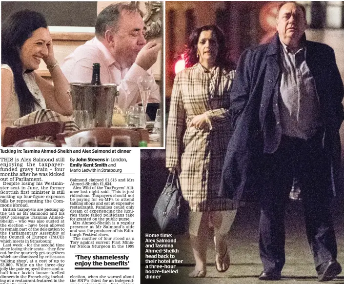  ??  ?? Home time: Alex Salmond and Tasmina Ahmed-Sheikh head back to their hotel after a three-hour booze-fuelled dinner