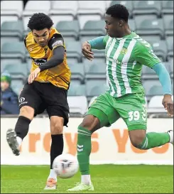  ?? Picture: Steve Terrell ?? Maidstone’s Sha’mar Lawson tries his luck against Yeovil