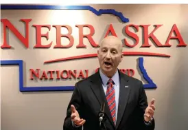  ??  ?? LINCOLN, Nebraska: Nebraska Gov Pete Ricketts speaks at a news conference on Tuesday. Ricketts sent a letter on Nov 16 to refugee resettleme­nt agencies in the state urging them not to pursue resettleme­nt of Syrian refugees in light of the terrorist...