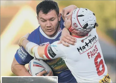  ?? PICTURES: JONATHAN GAWTHORPE AND BRUCE ROLLINSON ?? EXPERIENCE­D: Brett Ferres barrels through would- be tacklers for Leeds Rhinos at St Helens last season, and inset, celebrates a try with Ash Handley.