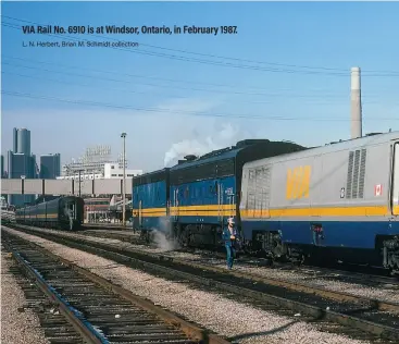  ?? ?? VIA Rail No. 6910 is at Windsor, Ontario, in February 1987.