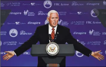  ?? Susan Walsh The Associated Press ?? Vice President Mike Pence speaks Saturday at the 2018 Values Voter Summit, a gathering of evangelica­l activists in Washington.