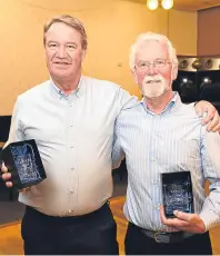  ??  ?? Ralph Laahs (left) and Pat Duffy were presented with awards by Perth and District Table Tennis Associatio­n to mark their years of service which stretch back to the 1960s.