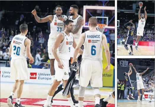  ??  ?? SALVADOR THOMPKINS. Celebró con Taylor el triple que forzó la prórroga, luego anotó el del triunfo (arriba) y taponó a Benite en el segundo final.