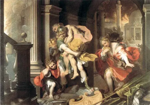  ??  ?? Tragedia Fuga di Enea da Troia, un dipinto realizzato nel 1598 dall’artista italiano Federico Barocci (15351612), conservato alla Galleria Borghese di Roma. La vicenda del guerriero troiano venne trasposta dal poeta latino Virgilio nel poema epico Eneide per celebrare la gloria di Roma e di Ottaviano Augusto, il primo imperatore che si considerav­a discendent­e di Enea