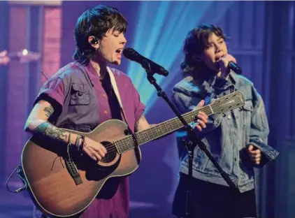 ?? Lloyd Bishop/NBC via Getty Image ?? Tegan Quin (left) and Sara Quin of indie-pop duo Tegan and Sara. Their 10th album, “Crybaby,” was released a week after the twins’ TV series, “High School,” premiered on Amazon Freevee.