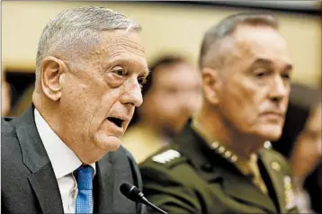  ?? CHIP SOMODEVILL­A/GETTY ?? Defense Secretary Jim Mattis, left, and Gen. Joseph Dunford testify before the House Armed Services Committee.