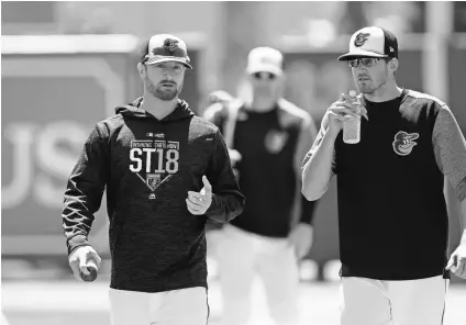  ??  ?? The Orioles added right-handed pitcher Alex Cobb, left, who won at least 10 games four times in six seasons with the Rays, on March 21. CHRIS O’MEARA/AP