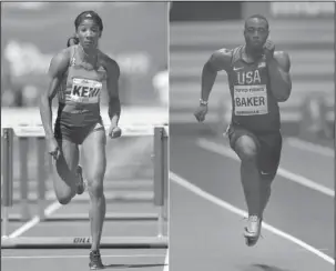  ?? The Associated Press ?? STAR RUNNERS: At left, Kendra Harrison races to win the women’s elite 100-meter hurdles at the Drake Relays athletics meet April 28 in Des Moines, Iowa. At right, Ronnie Baker competes in a men’s 60-meter heat March 3 at the World Athletics Indoor...