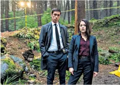  ??  ?? Secret past: Killian Scott and Sarah Greene are on the case in BBC One’s Dublin Murders